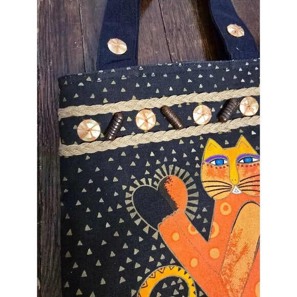 Vintage 90s Laurel Burch Artsy Cat Tote Purse Kitty Eclectic - Picture 11 of 16